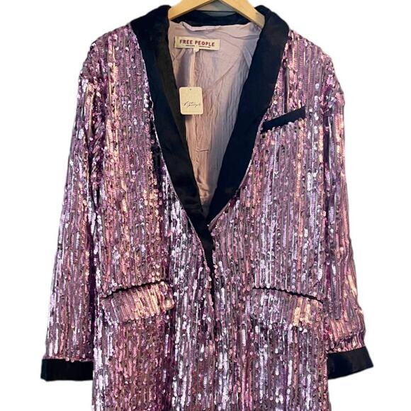 FREE PEOPLE Ella Duster Sequin Purple Combo Black Trim Jacket XS/S Oversized NWT - Picture 6 of 13